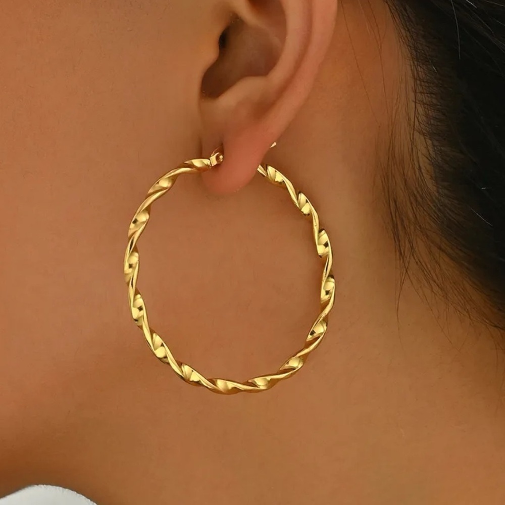 18K Gold Large Twisted Metal Swirl Classic 2”Hoop Earrings Full Circle No Fade - Picture 4 of 6